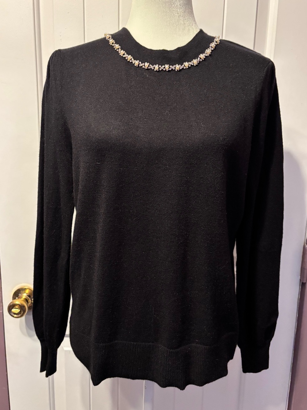 Liz Claiborne Black Crewneck Sweater with Jeweled Neckline